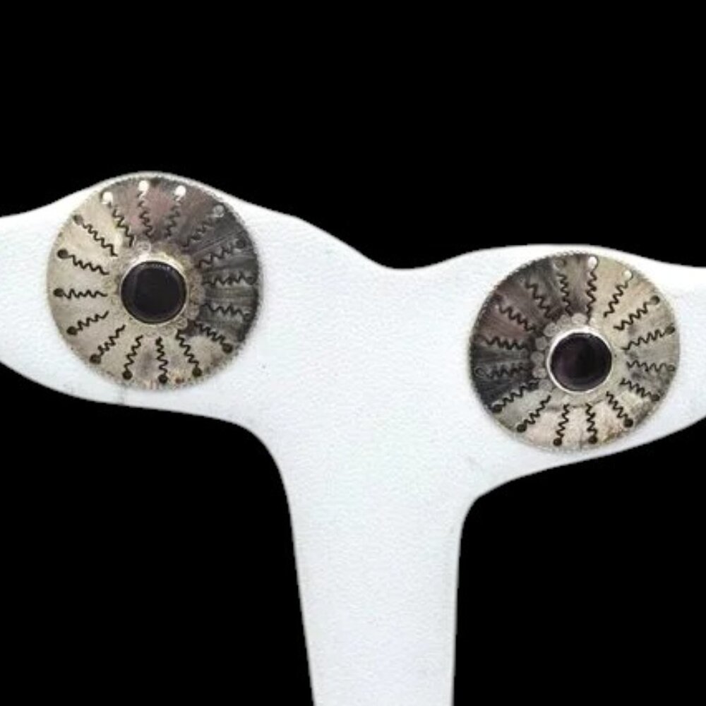 Vintage Artisan Signed Sterling & 14K with Mother of Pearl Shield Style Earrings